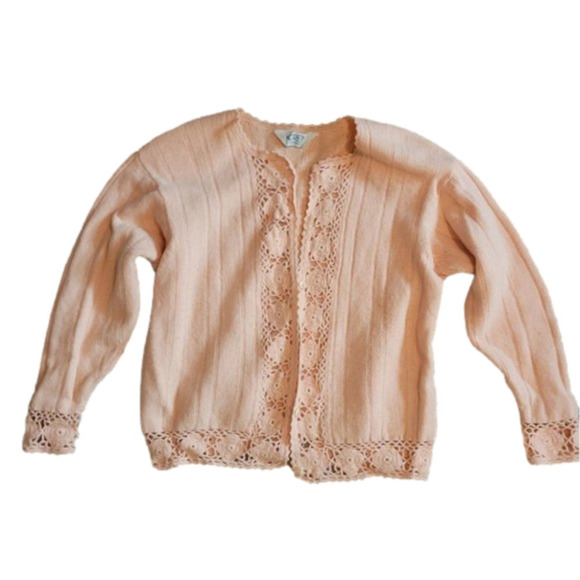 ❤️ 3 for $35 VINTAGE  koret crochet afghan trim cardigan sweater peach medium - Picture 1 of 8